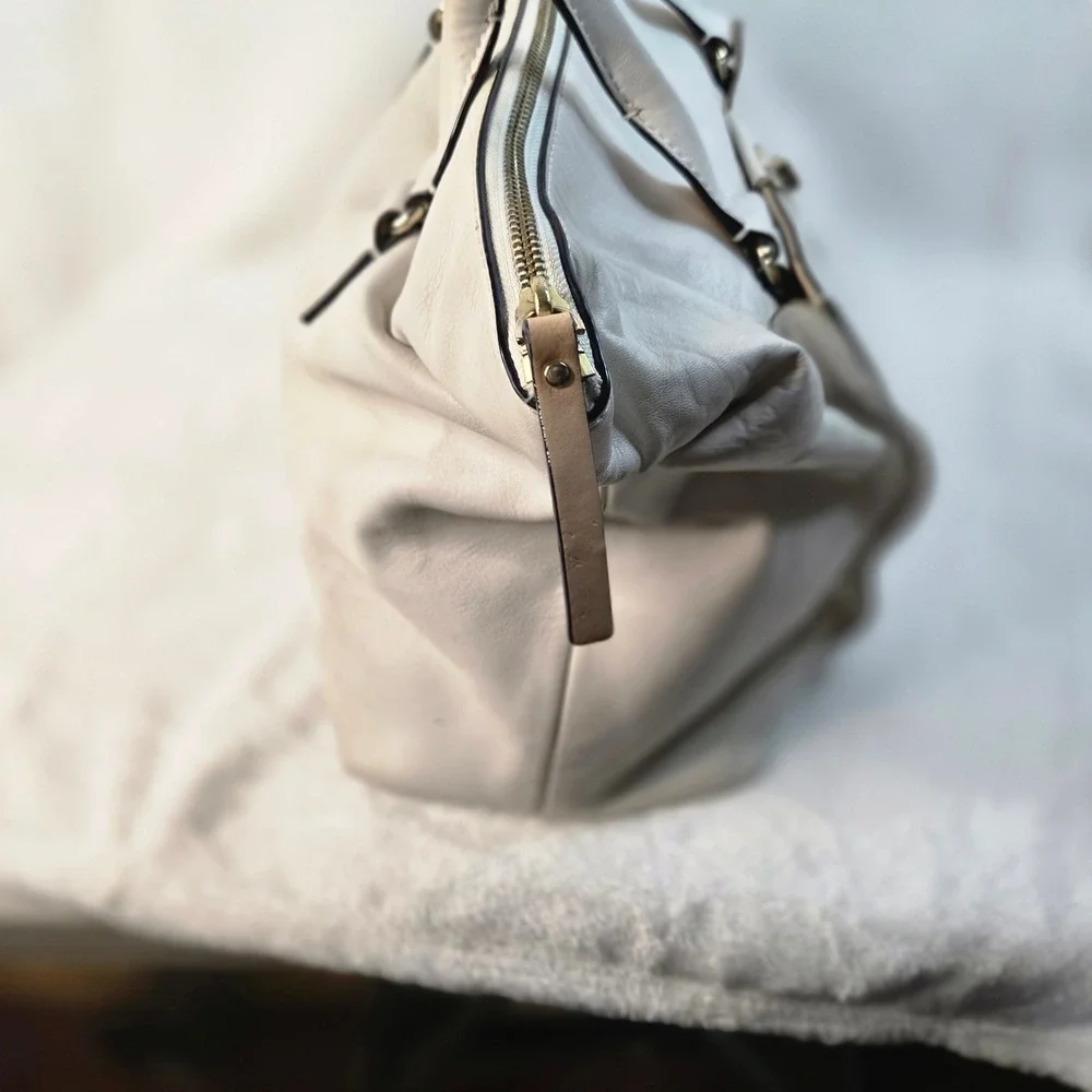 vintage Kate Spade NY White Leather Tote Bag Turn Lock Pocket Striped Lining